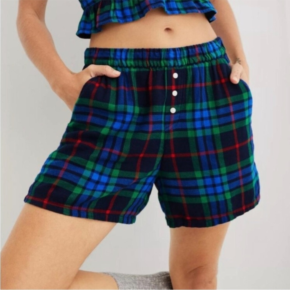 Aerie Plaid Flannel Pajama Boxer Shorts S Blue Green